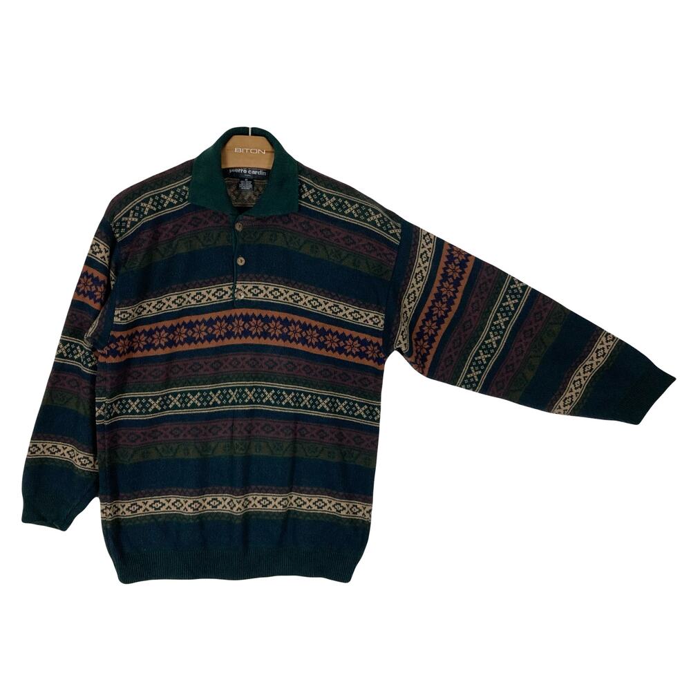 NWOT VINTAGE PIERRE CARDIN PARIS Sweater Men M Stripe Multi-Print Collar Henley